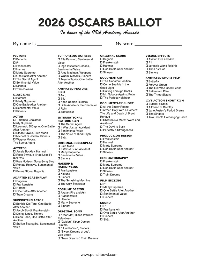2026 Oscars Ballot